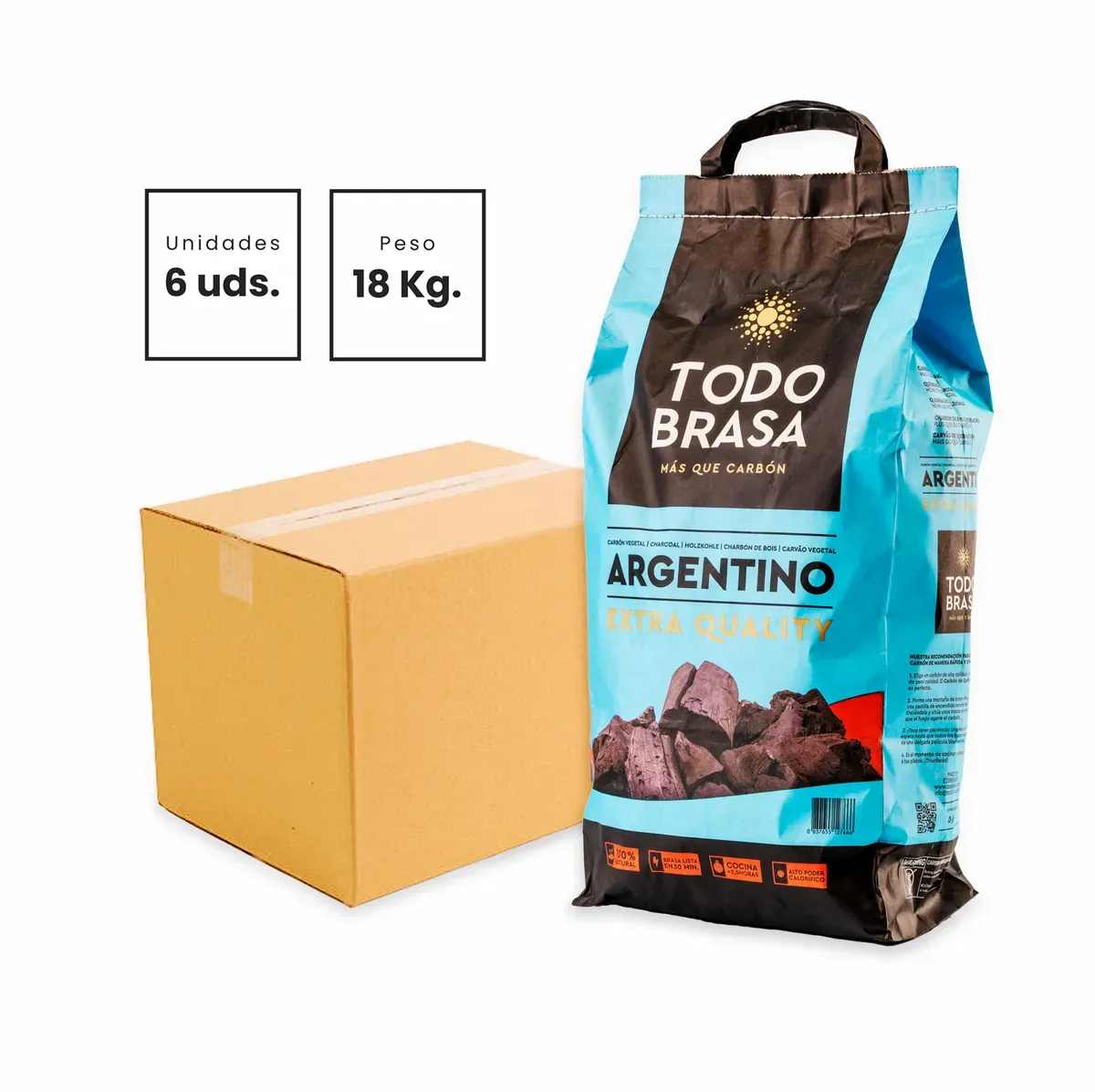 bolsa de carbon argentino Carbón argentino Todo Brasa – 6 bolsas de 3 kg (18 kg) - Imagen 1