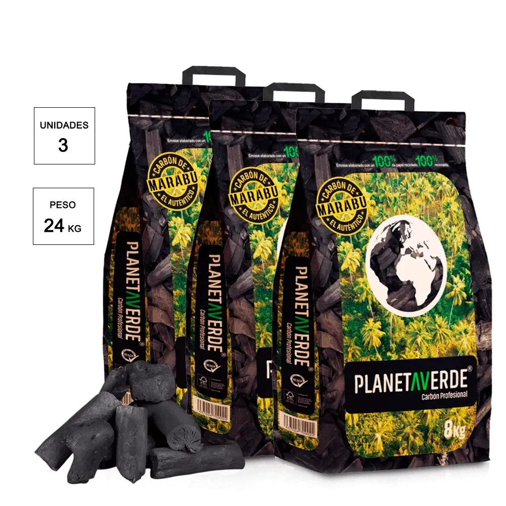 carbon marabu 3 x 8kg planeta verde Carbón vegetal Marabú Planeta Verde 3 × 8 kg (24 kg) – alto rendimiento - Imagen 1